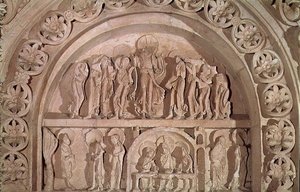 The Ascension and the Supper at Emmaus, tympanum of the left hand portal, c.1150